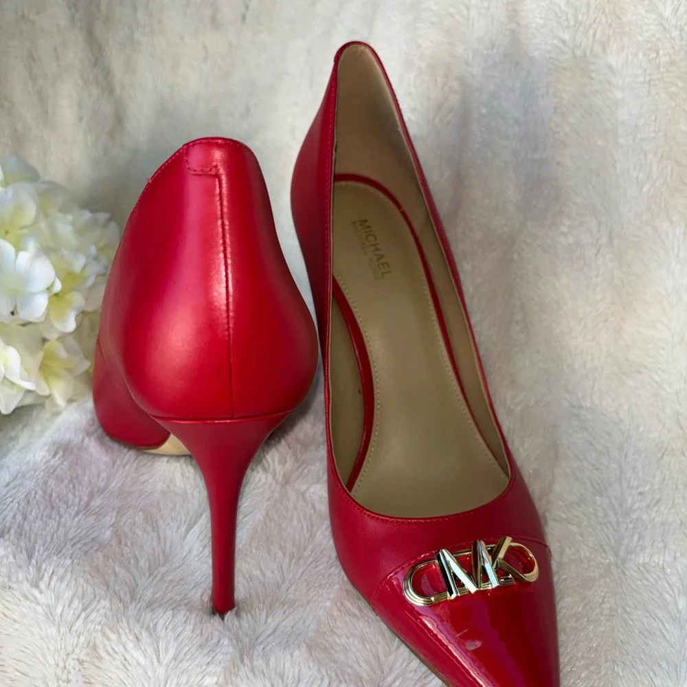 Michael Kors Red Pointed Toe Leather Pumps with Gold MK Logo size 9.5